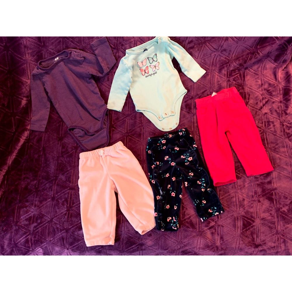 LOT of five for 9-month girl - 2 long-sleeve onesie tops and 3 long pants - warm